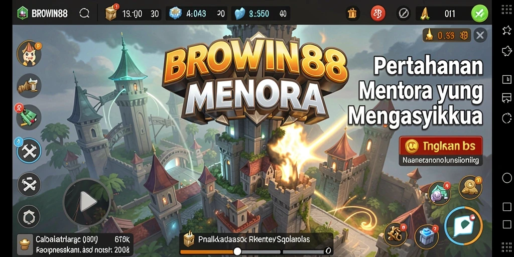 Tampilan gameplay BROWIN88 dengan menara dan musuh yang menarik.