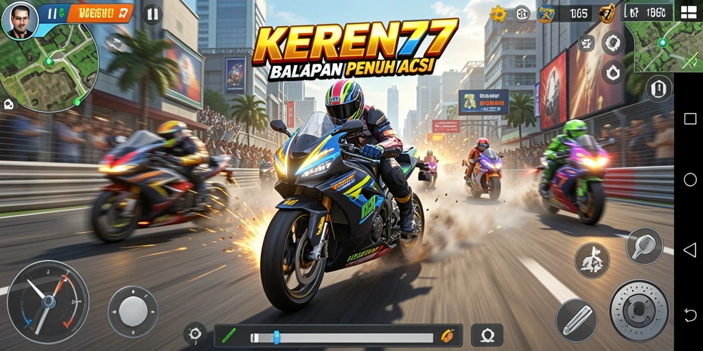 Screenshot gameplay KEREN77 menampilkan aksi balapan motor yang mendebarkan.