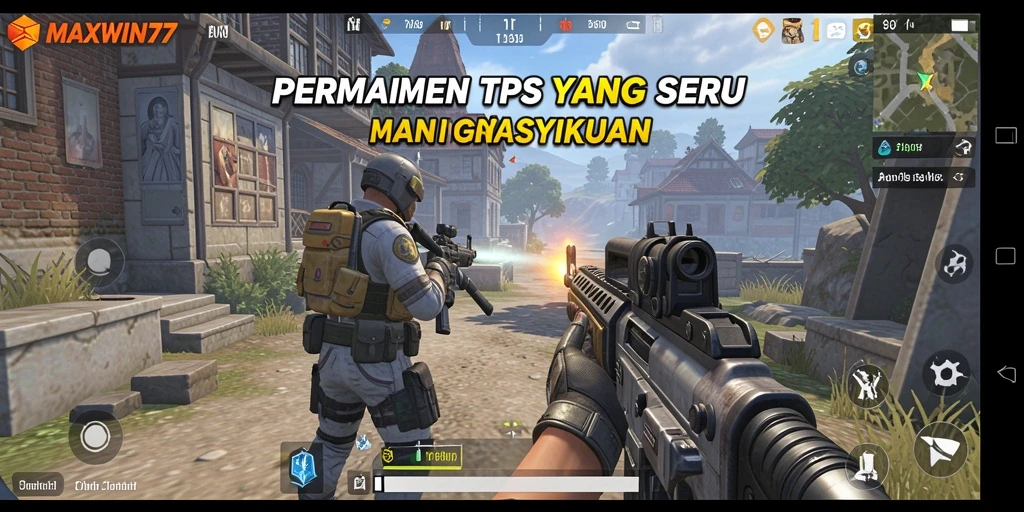 Screenshot gameplay <strong>MAXWIN77</strong> menampilkan aksi seru dalam pertempuran TPS.