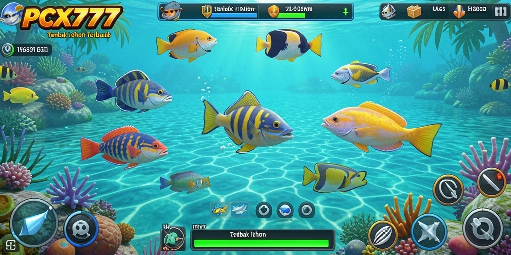 Screenshot gameplay PCX777 menampilkan aksi menembak ikan yang seru.