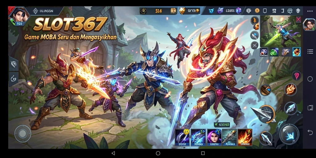 Tampilan gameplay SLOT367 yang menampilkan pertempuran MOBA yang intens.