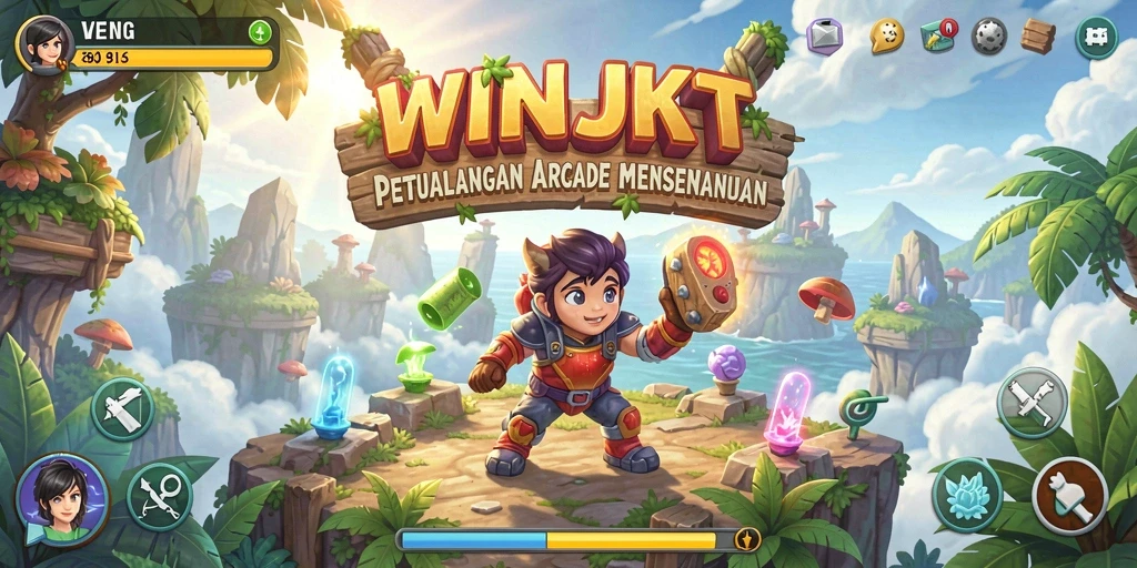 Gameplay seru WINJKT dengan karakter dan arena penuh warna.